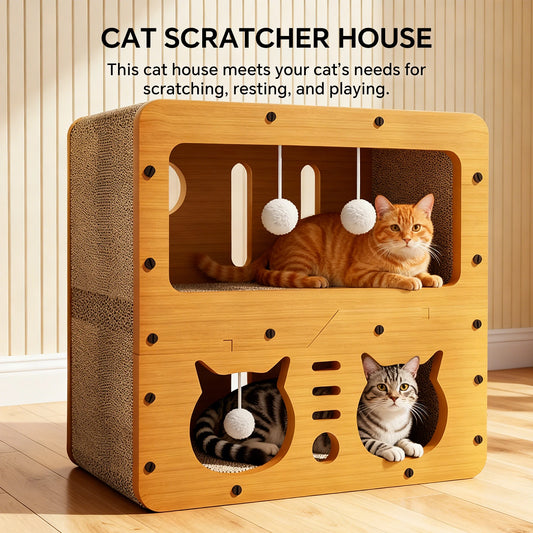 Cardboard Cat House Two Tier Scratcher With Toys For Cats