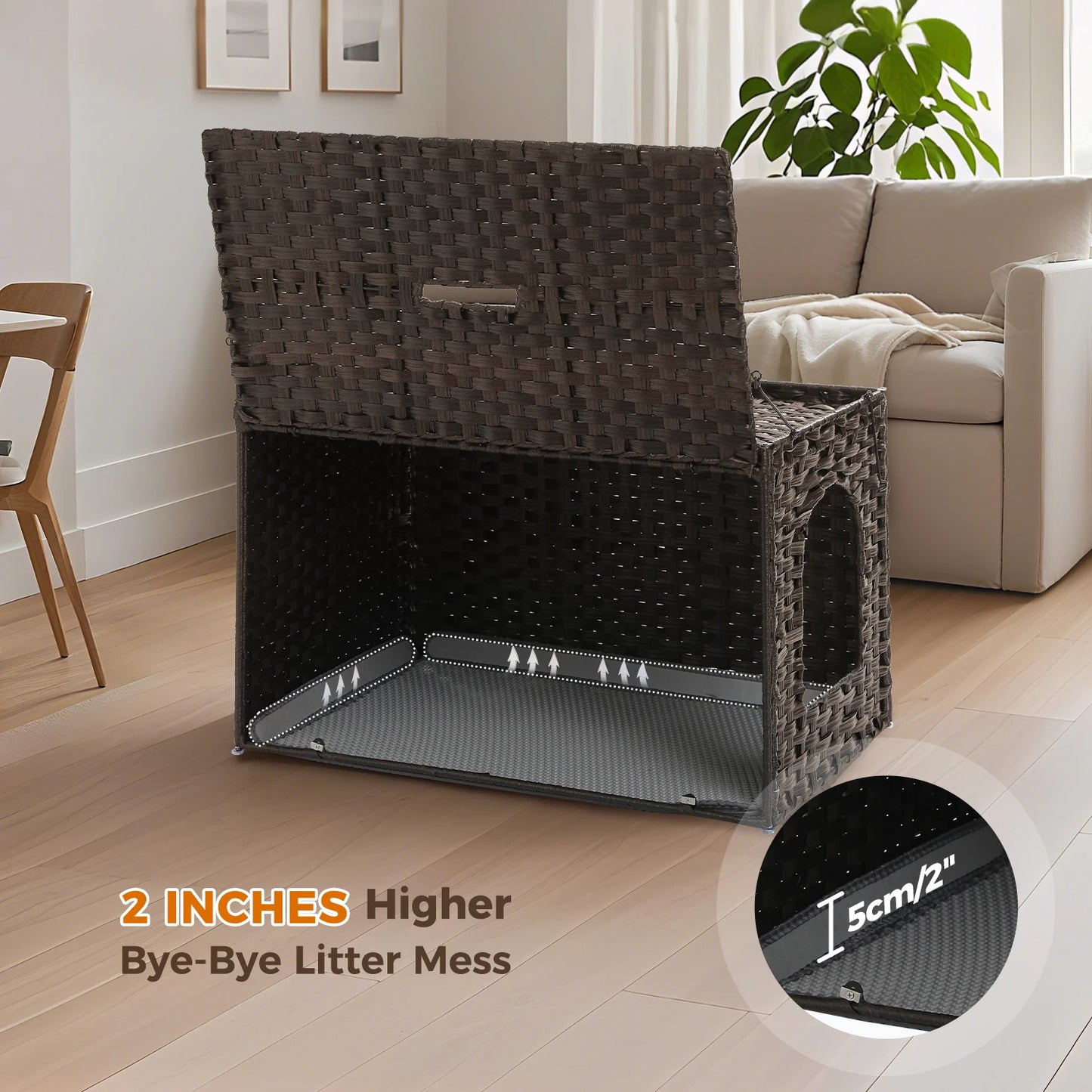 Rattan Cat Litter Box Enclosure with Taller Doorway and Flip-Up Design-More Space Raised Edge Mat-Cat House Cabinet Furniture