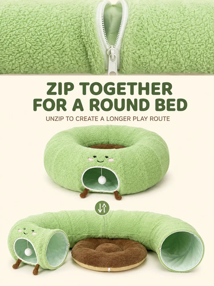 Convertible Cat Tunnel Bed With Plush Donut And Removable Cushion