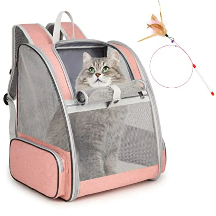 Cat Backpack Carrier For Pets With Kitten Wand Feather Toy