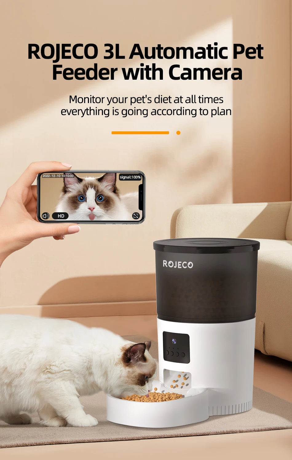 ROJECO Automatic Cat Feeder With Camera Video And Remote Control