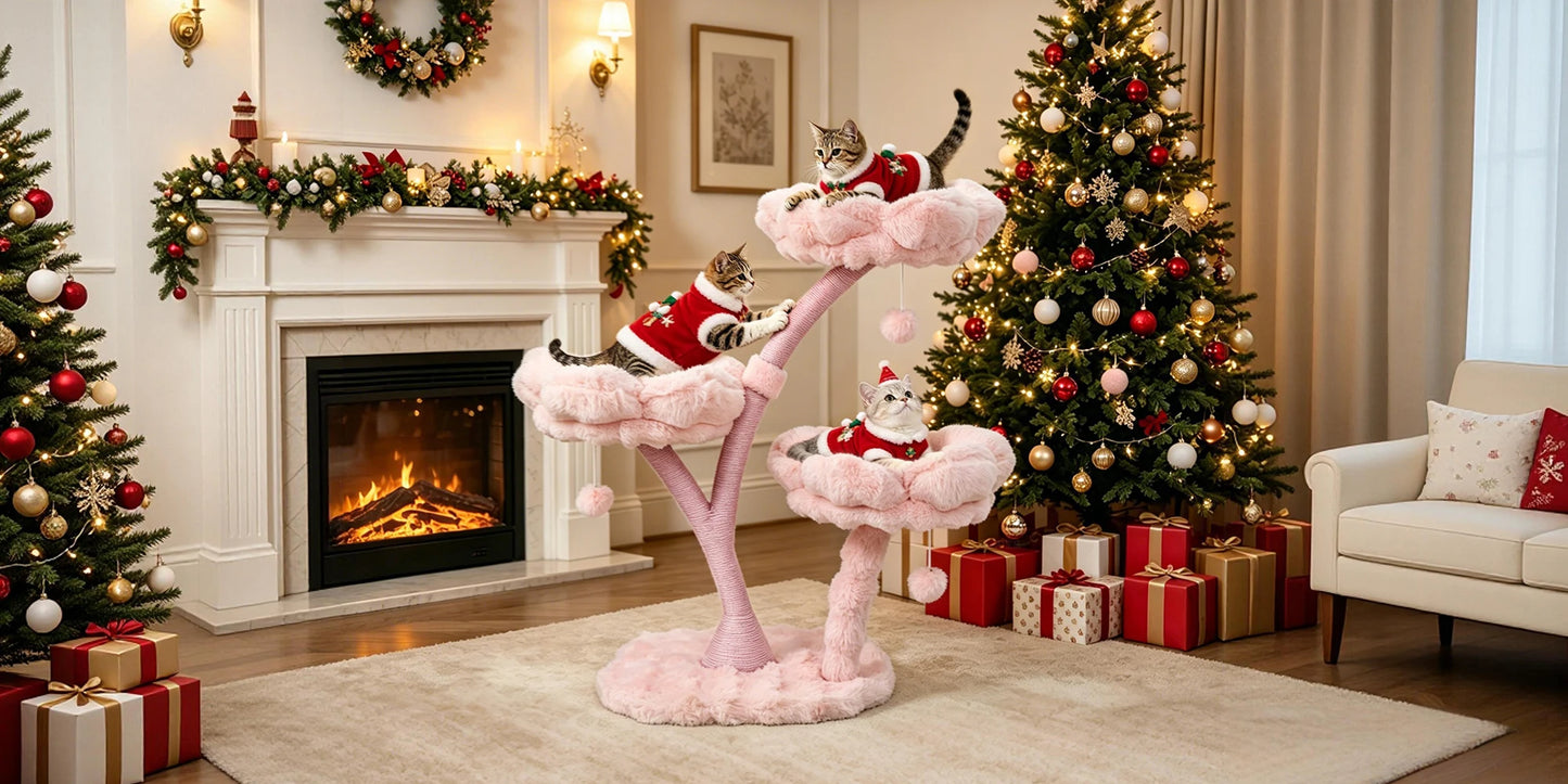 105cm Tall Pink Flower Cat Tree Tower with Scratching Post Wood Branch Cat Cushioned Bed Hanging Ball Toy