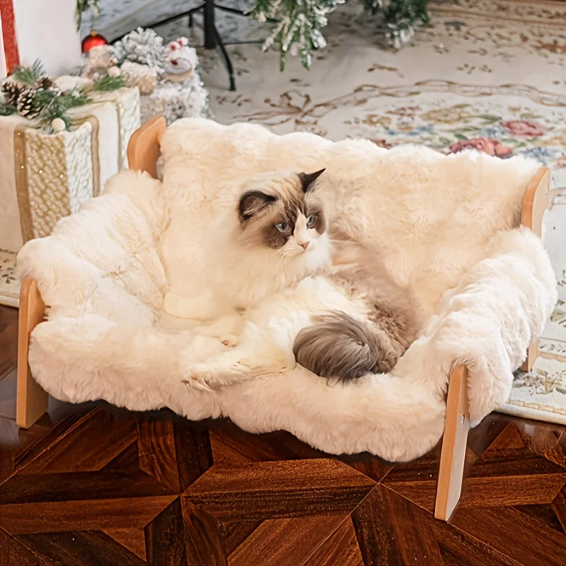 Raised Solid Wood Pet Couch Bed - Elevated Modern Cat & Dog Sofa Chair with Thick, Wide Wood Frame, (Suitable for cats & small D