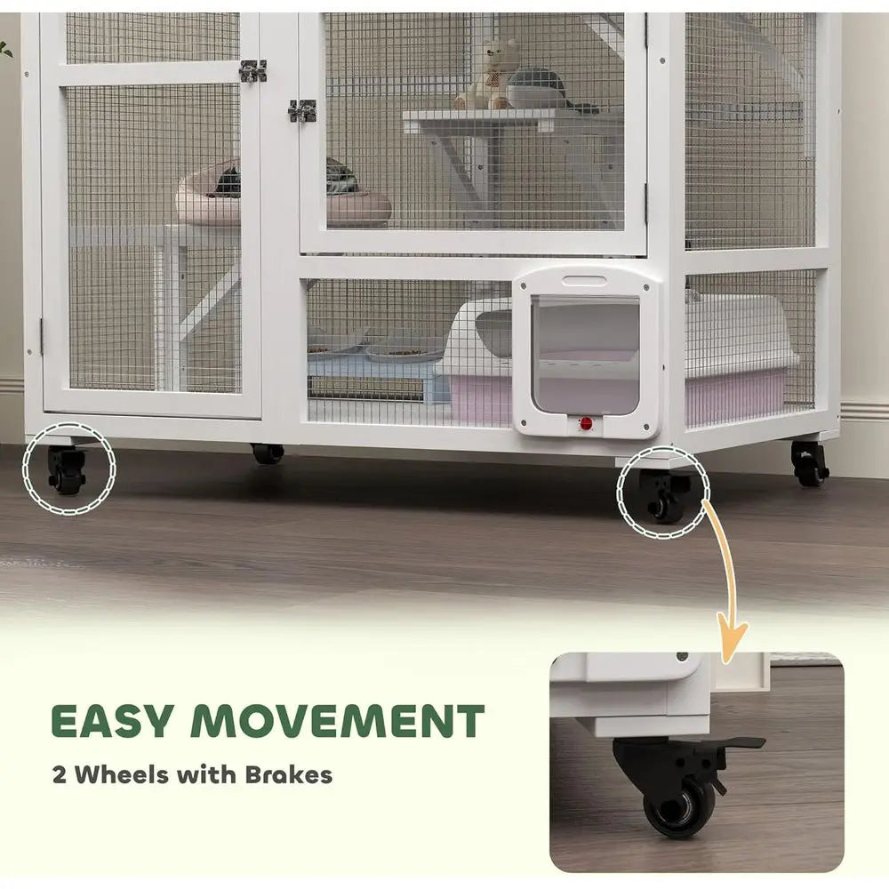 Indoor Wooden Catio, Cat House Cat Enclosure on Wheels with 3 Platorms, Hammock, Cat lap Door & Openable Top, Luxury Kitty House