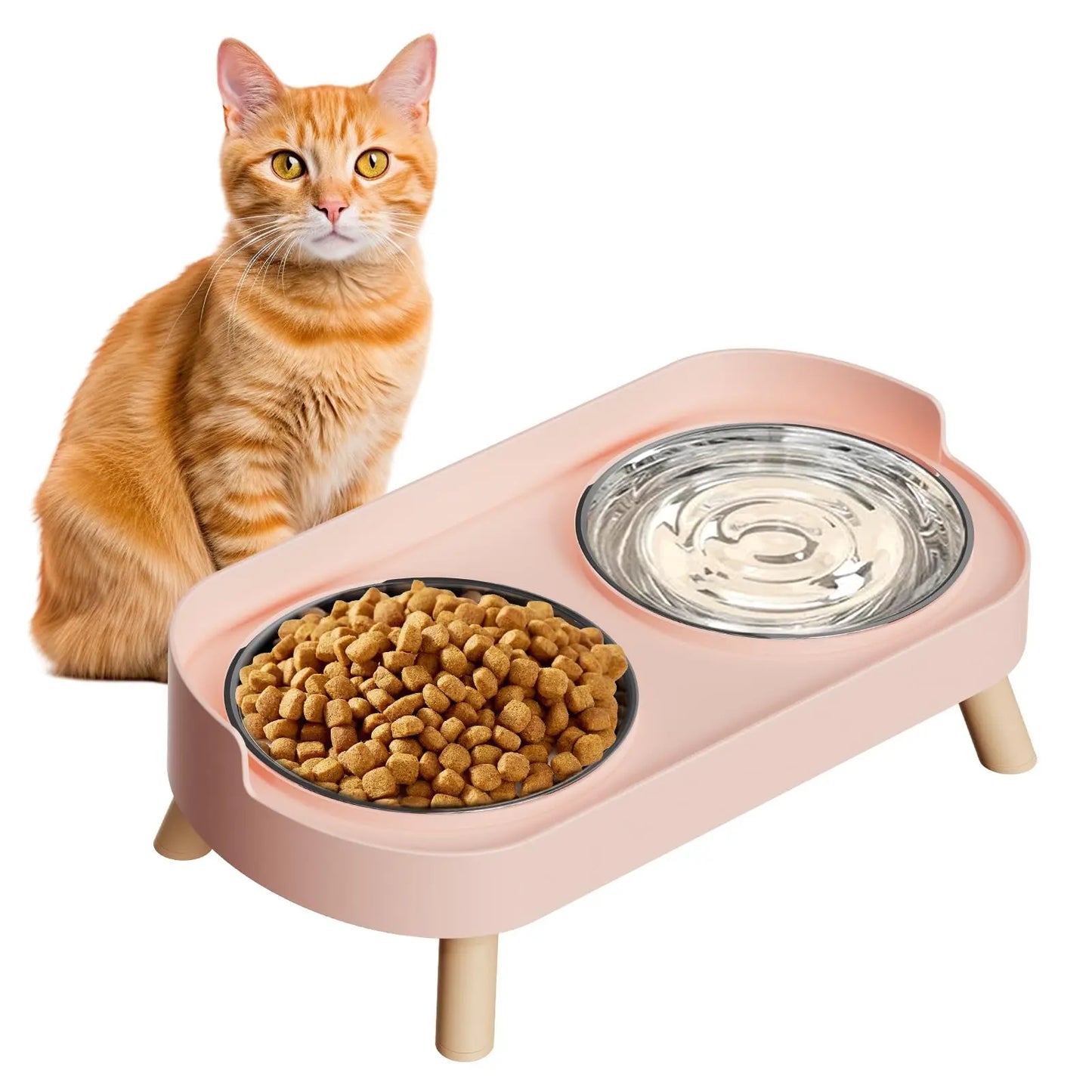 Elevated Cat Bowl, Raised Cat Food and Water Bowl Set for Indoor Cats, Splash Proof with  Stainless Steel Pet Food Bowls for Cats and Puppies, Whisker Fatigue and Dishwasher Safe - White