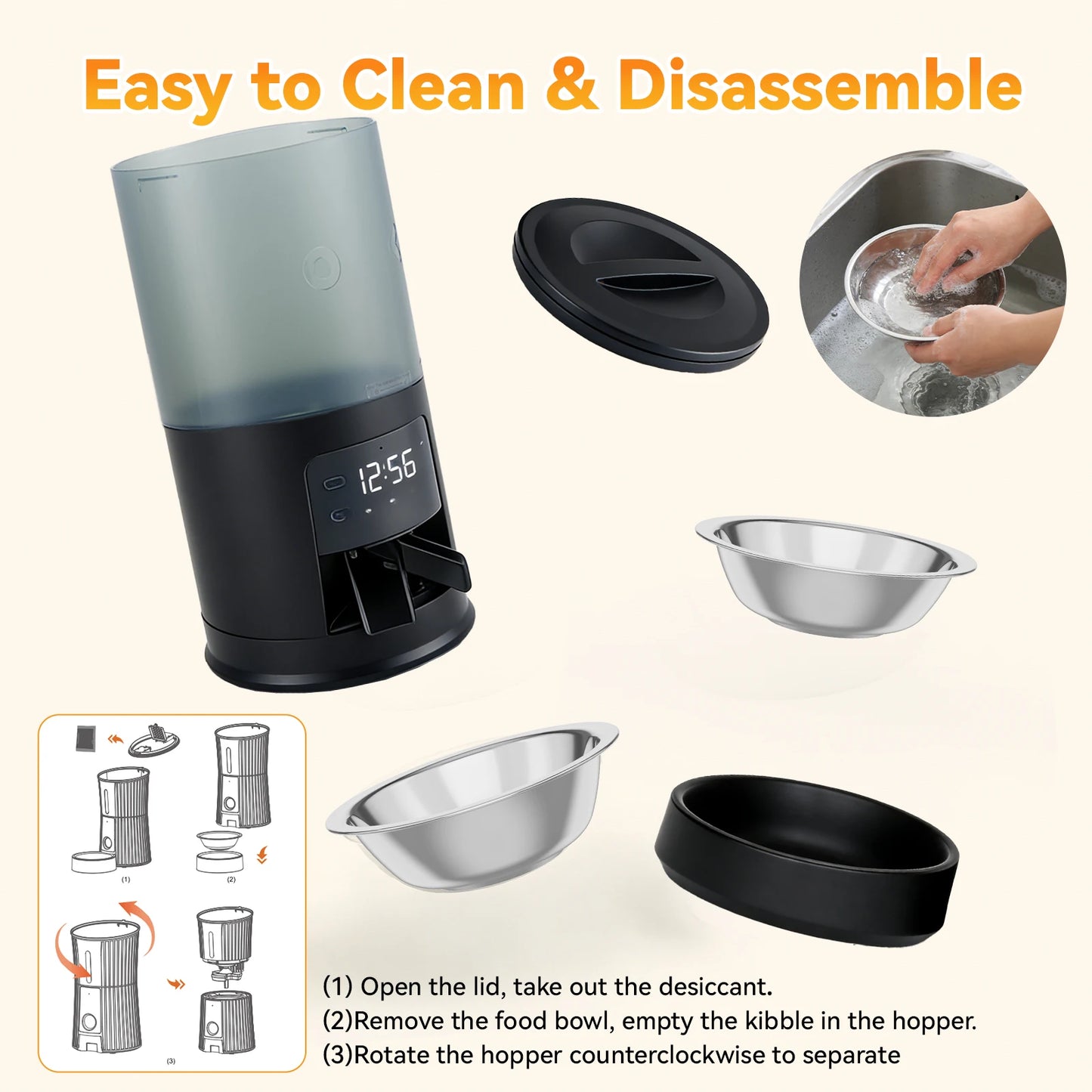 JHK 6L Automatic Cat Feeder with 2 Stainless Bowls Timed Cat Food Dispenser Dual Power Supply Dual Pet Feeder for Cat and Dog