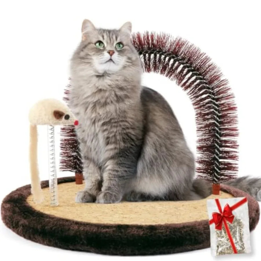 Original Cat Self Groomer, Arch Grooming Brush wtih Heavy Wooden Scratching Pad, Rubbing Post and Toy, Cat Face Scratchers Body