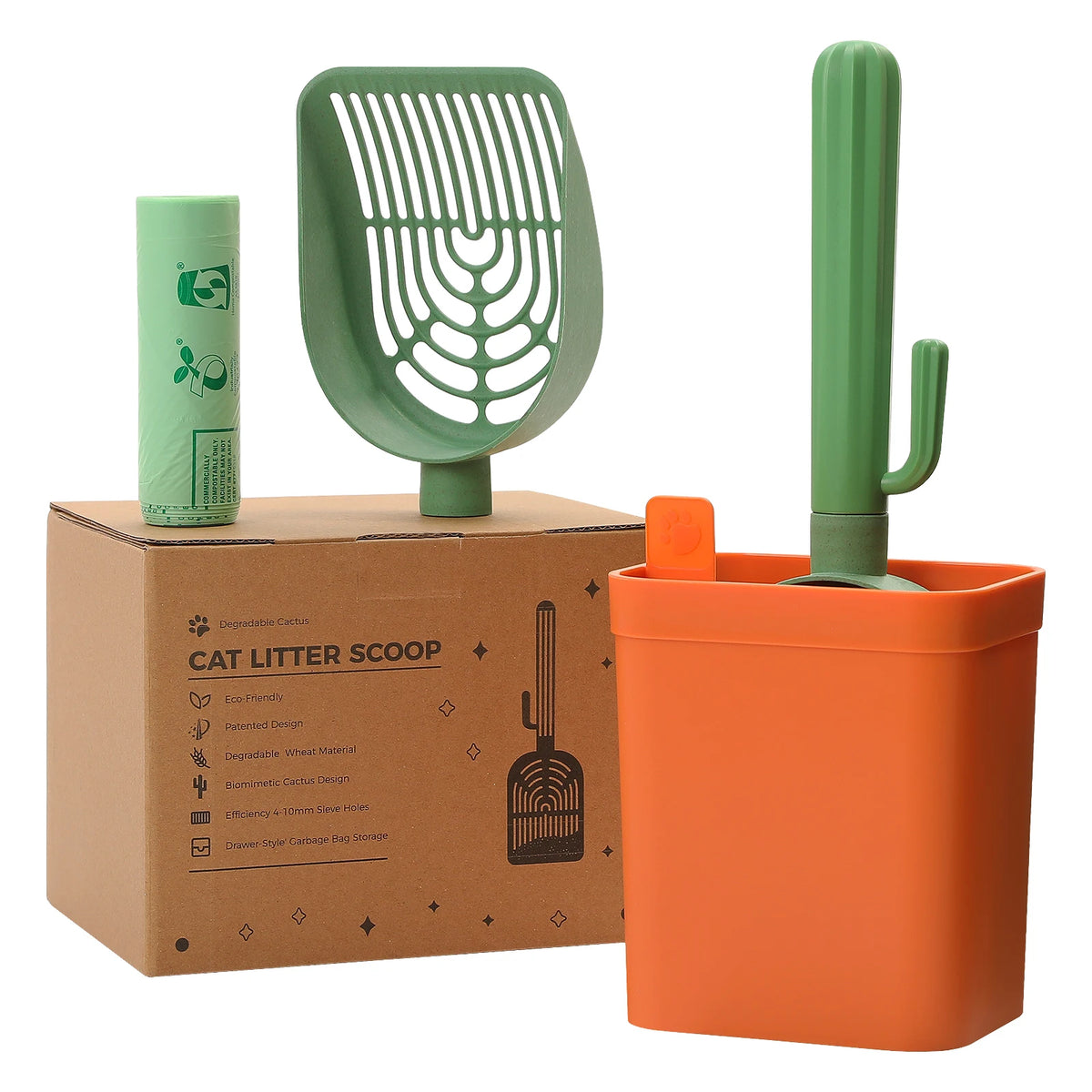 Cactus Cat Litter Scoop With Holder And Waste Bag Storage