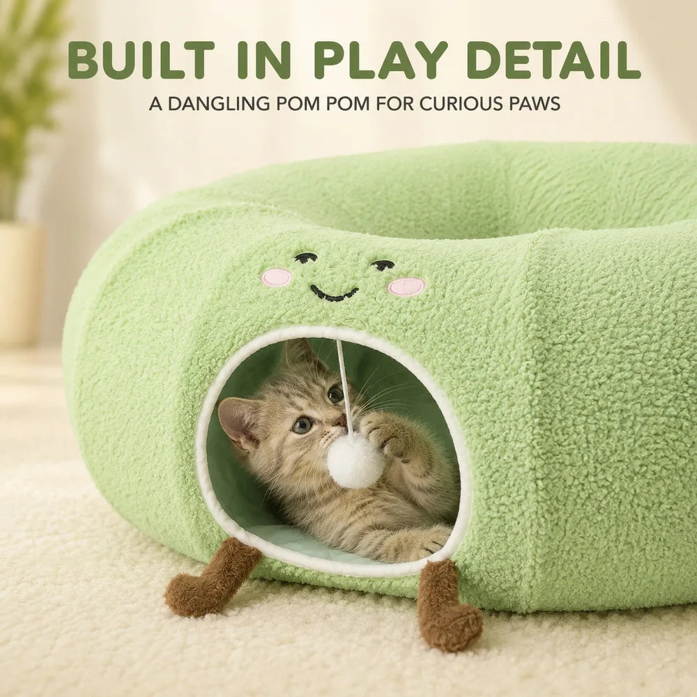 Convertible Cat Tunnel Bed With Plush Donut And Removable Cushion