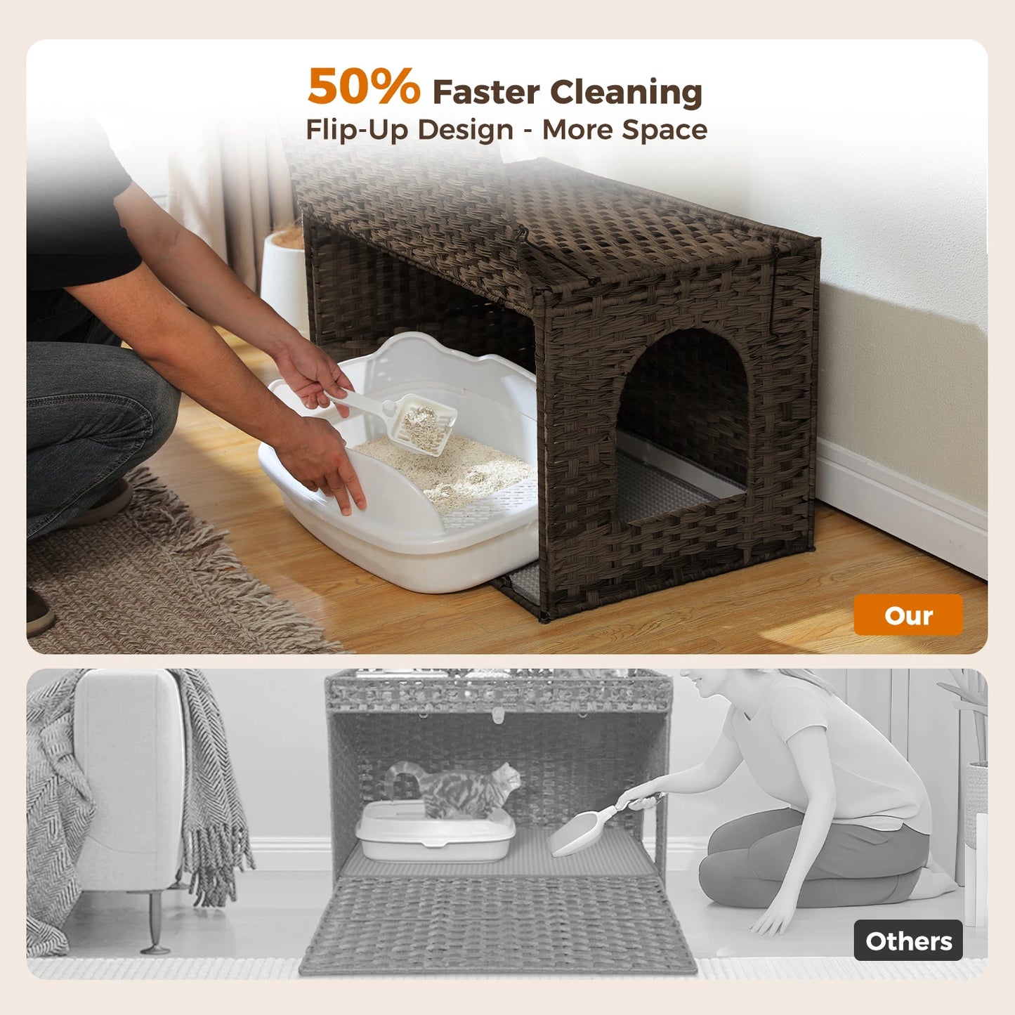 Rattan Cat Litter Box Enclosure with Taller Doorway and Flip-Up Design-More Space Raised Edge Mat-Cat House Cabinet Furniture