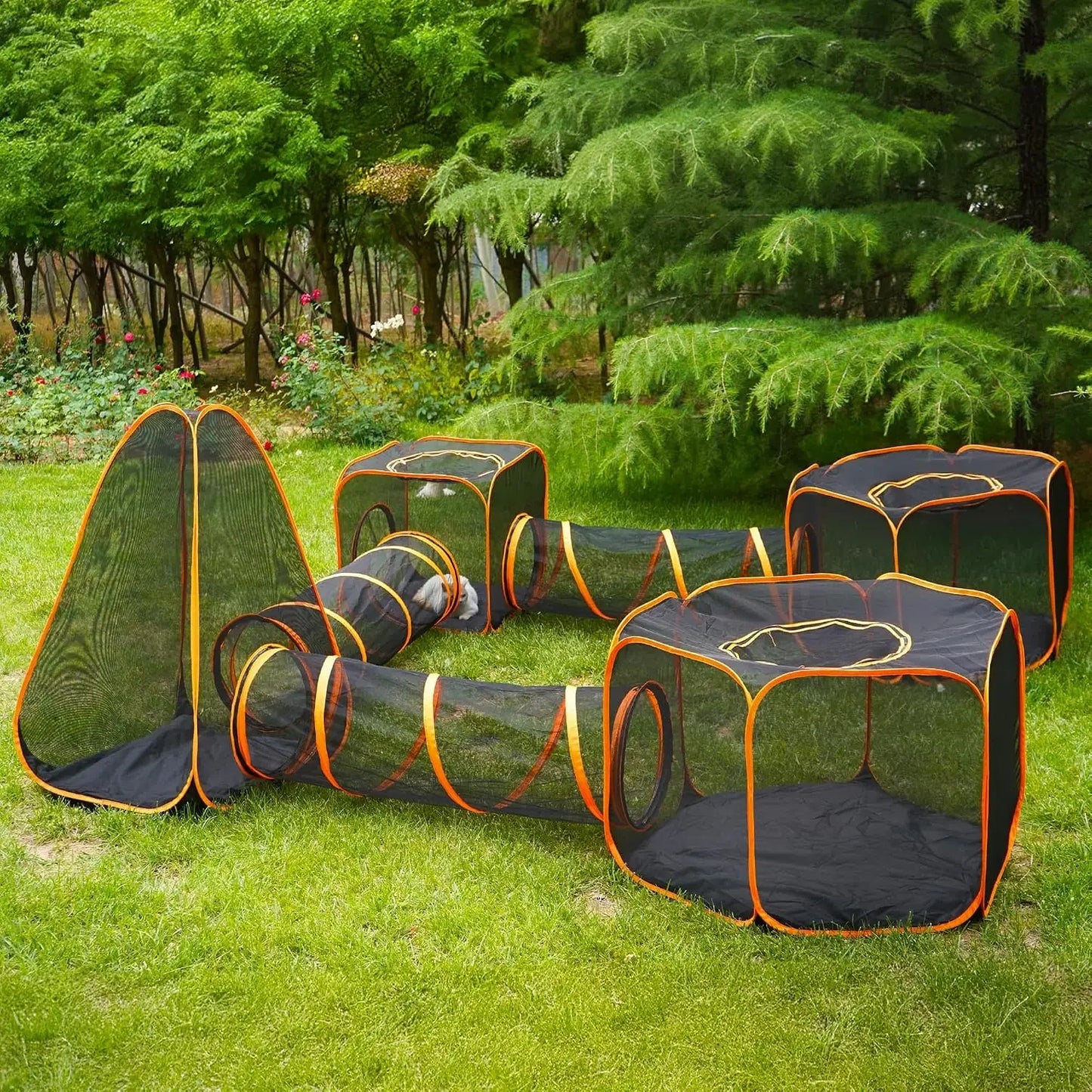 7-in-1 Outdoor Cat Enclosure, Foldable Pop-Up Mesh Playpen with Tunnels for Small Pets