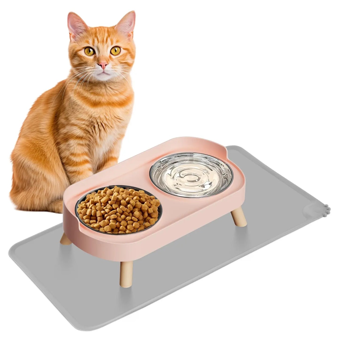 Elevated Cat Bowl, Raised Cat Food and Water Bowl Set for Indoor Cats, Splash Proof with  Stainless Steel Pet Food Bowls for Cats and Puppies, Whisker Fatigue and Dishwasher Safe - White