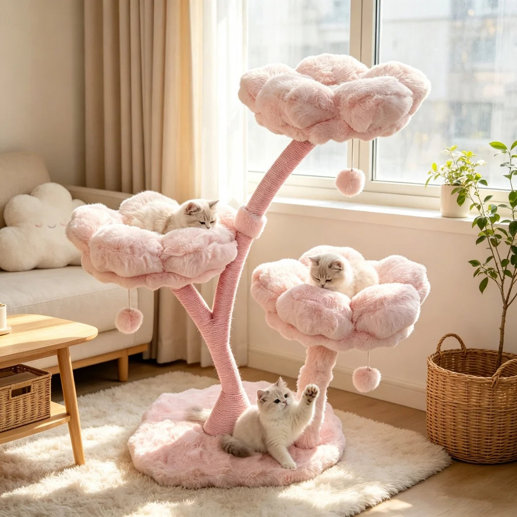 105cm Tall Pink Flower Cat Tree Tower with Scratching Post Wood Branch Cat Cushioned Bed Hanging Ball Toy
