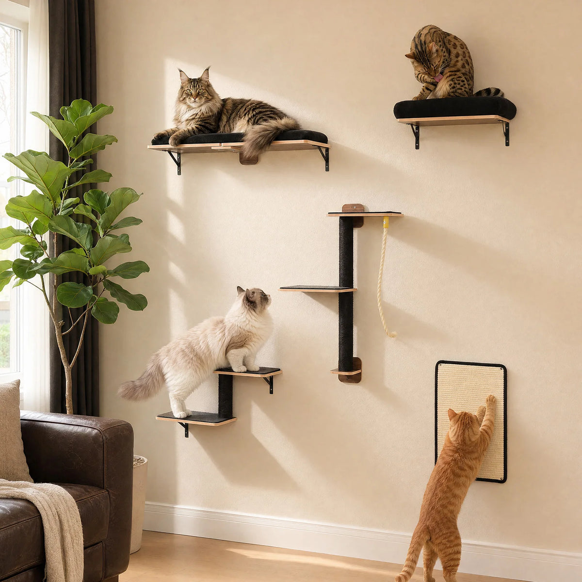 PAWZ Road Wooden Cat Wall Climbing Shelves With Scratching Posts