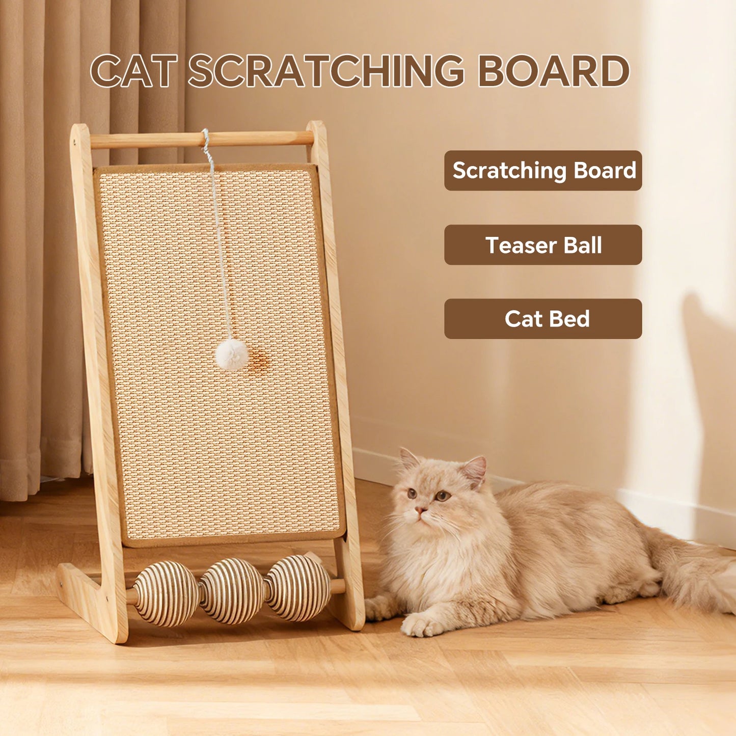 L-shaped sisal cat scratcher with hanging ball, satisfies cats' scratching and playing instincts