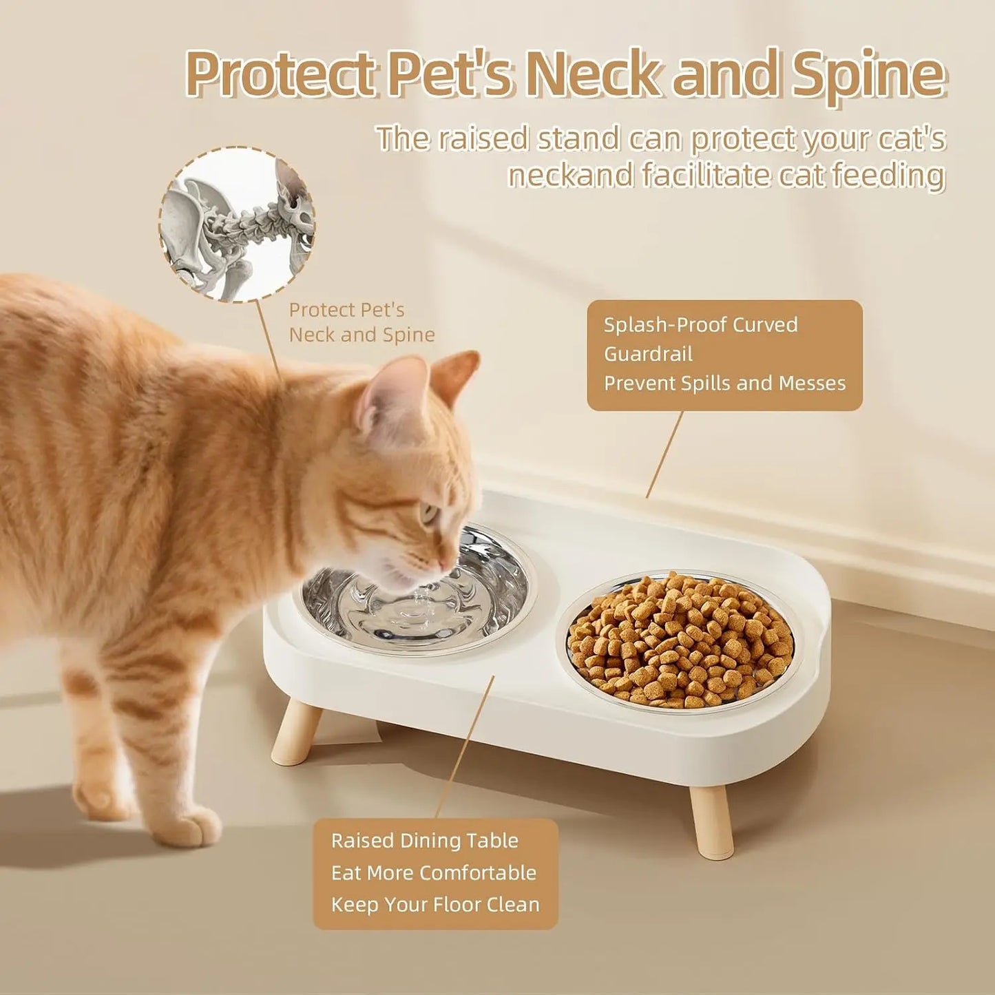 Elevated Cat Bowl, Raised Cat Food and Water Bowl Set for Indoor Cats, Splash Proof with  Stainless Steel Pet Food Bowls for Cats and Puppies, Whisker Fatigue and Dishwasher Safe - White