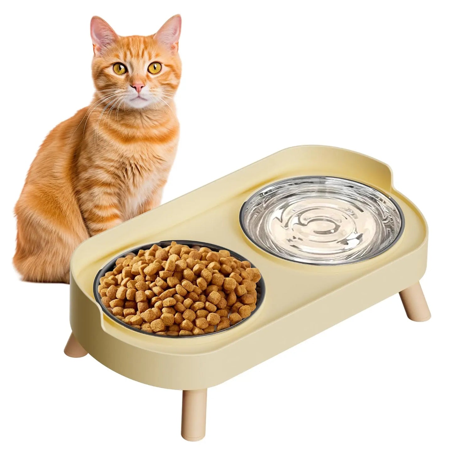 Elevated Cat Bowl, Raised Cat Food and Water Bowl Set for Indoor Cats, Splash Proof with  Stainless Steel Pet Food Bowls for Cats and Puppies, Whisker Fatigue and Dishwasher Safe - White