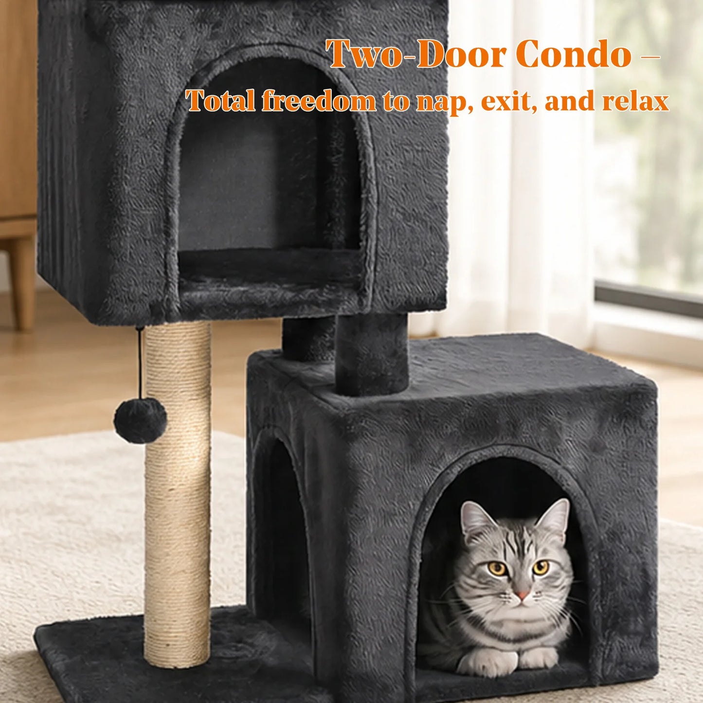 30-Inch Cat Tree with 2 Cozy Condos Sisal Scratching Post Soft Top Perch Hanging Pompom Small Cat Tower for Indoor Kitten Furniture House Cat Toys