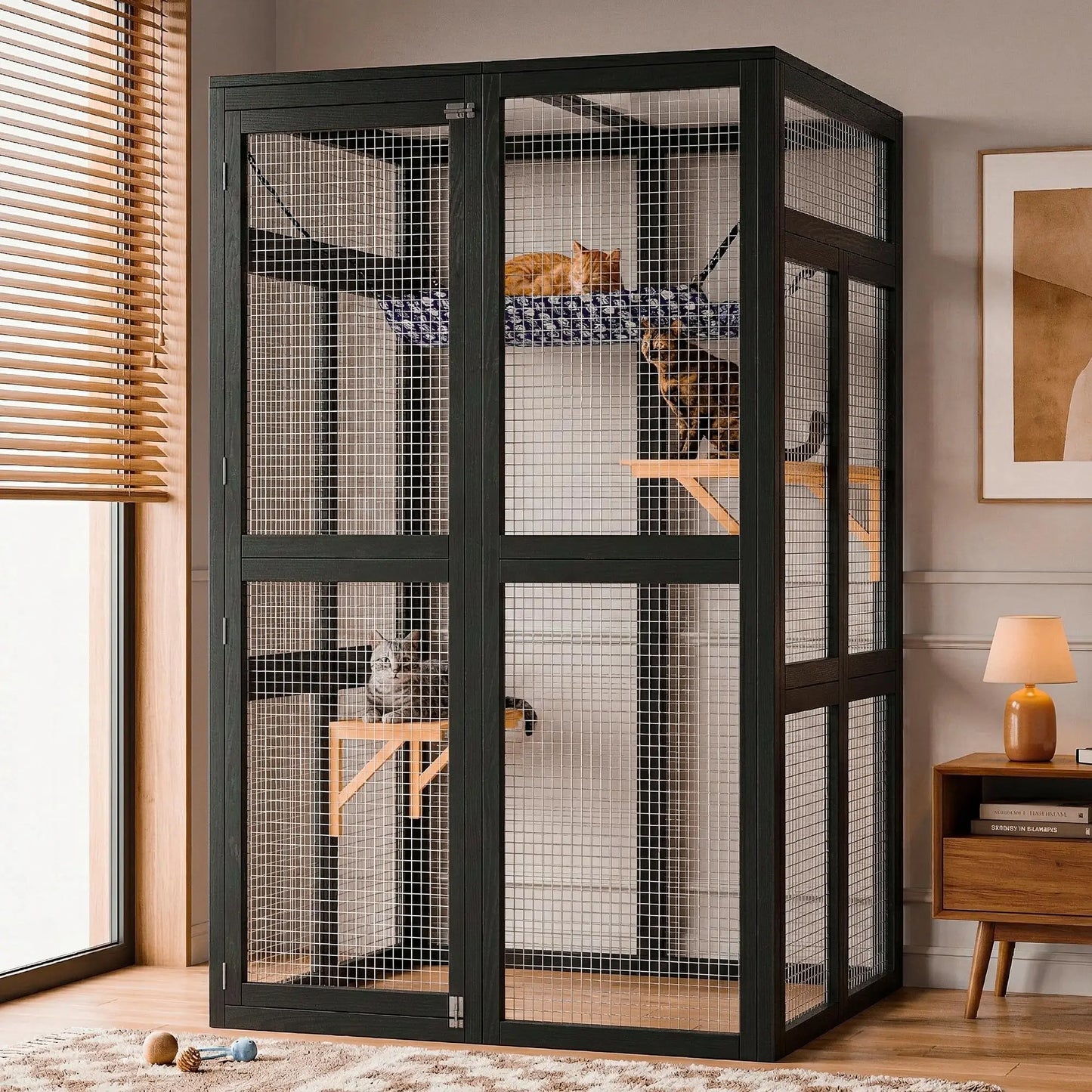 64 Inch Large Wooden Catio Outdoor Cat Enclosure Window Cat House with Wheels 3 Platforms Weatherproof Roof Cage
