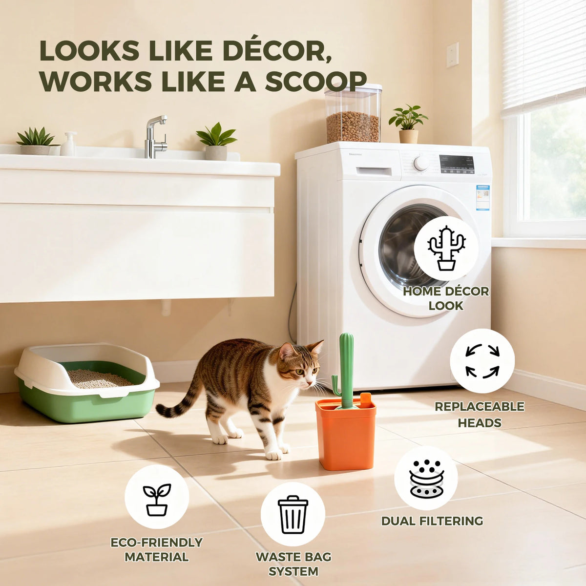 Cactus Cat Litter Scoop With Holder And Waste Bag Storage