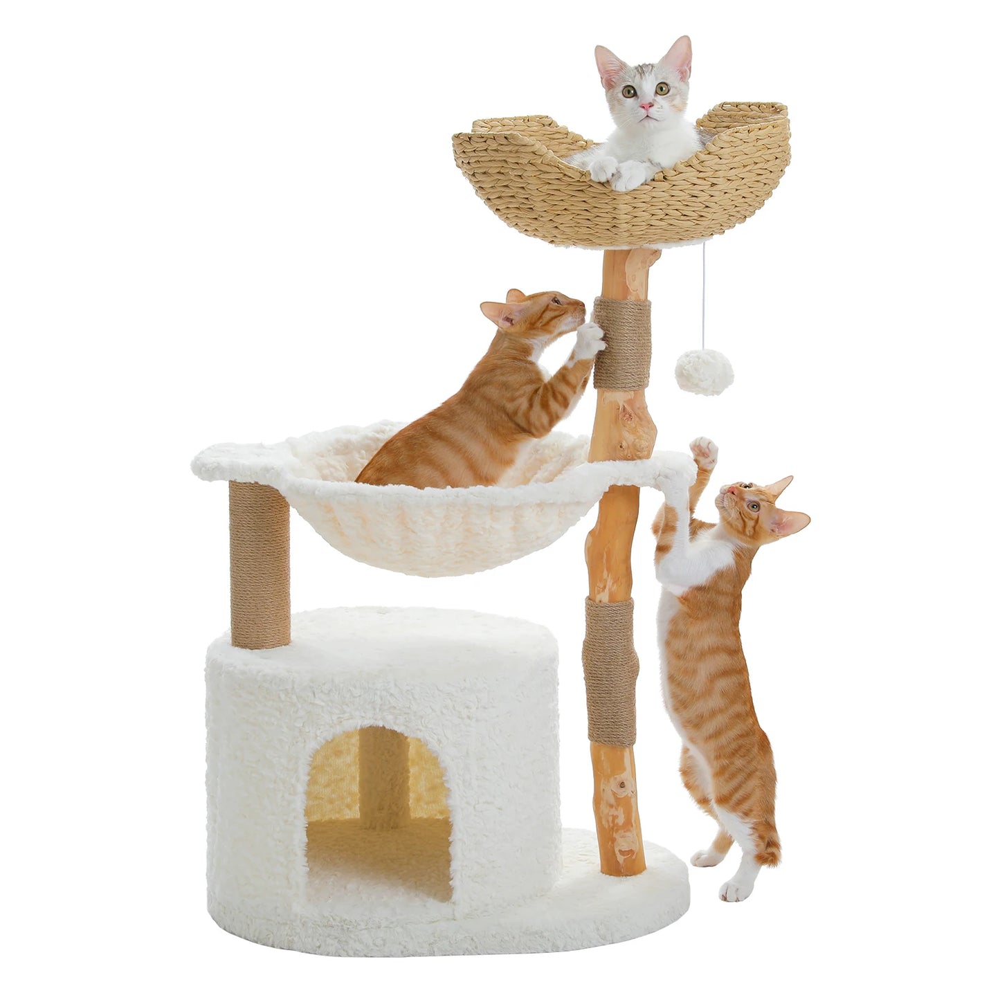 PAWZ Road Modern Cat Tree Tower With Solid Wood Scratching Posts And Basket