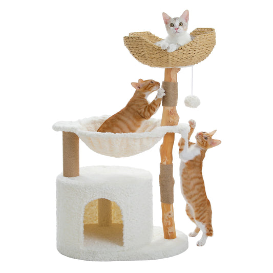 PAWZ Road Modern Cat Tree Tower With Solid Wood Scratching Posts And Basket