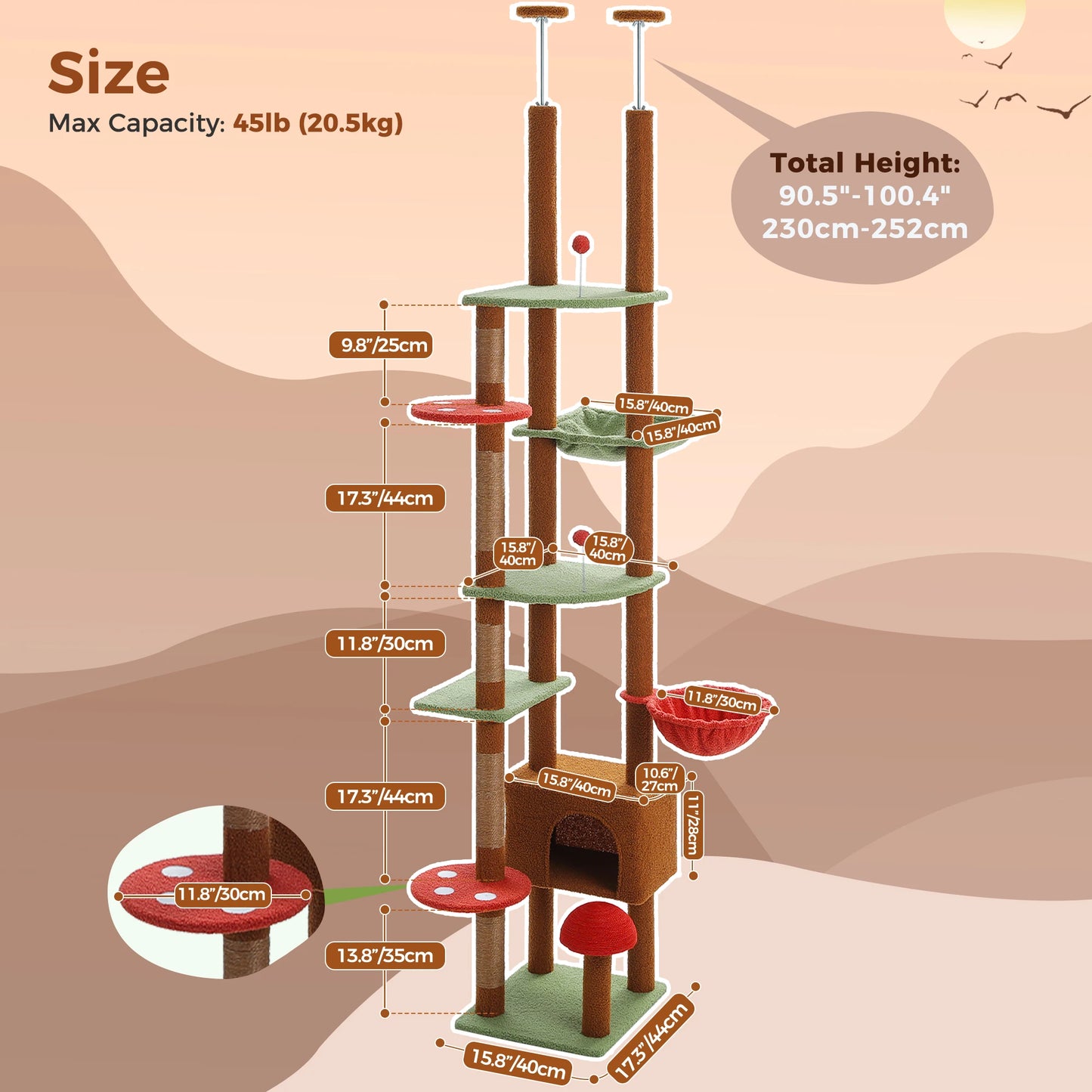 PETEPELA Cat Tree Floor To Ceiling Tower With Condo Hammock