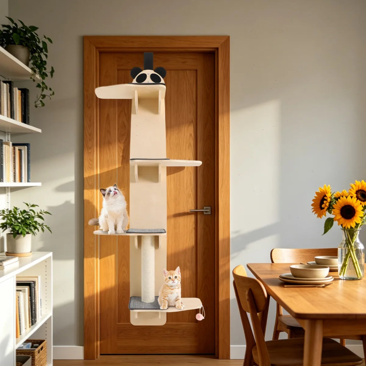 67inch Door Hanging Cat Tree, 4 Tiers Cat Climber with Strong Wood Shelves, Scratching Board, Teasing Ball, Indoor Vertical Cat Tower for Small Spaces
