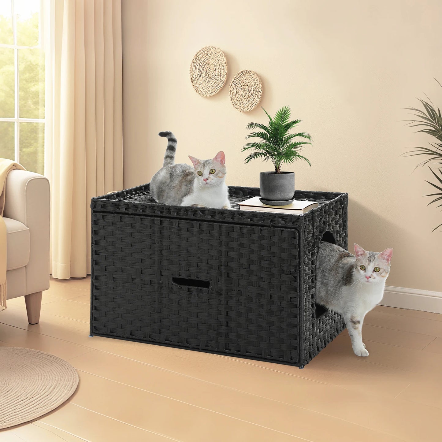 Rattan Cat Litter Box Enclosure with Taller Doorway and Flip-Up Design-More Space Raised Edge Mat-Cat House Cabinet Furniture