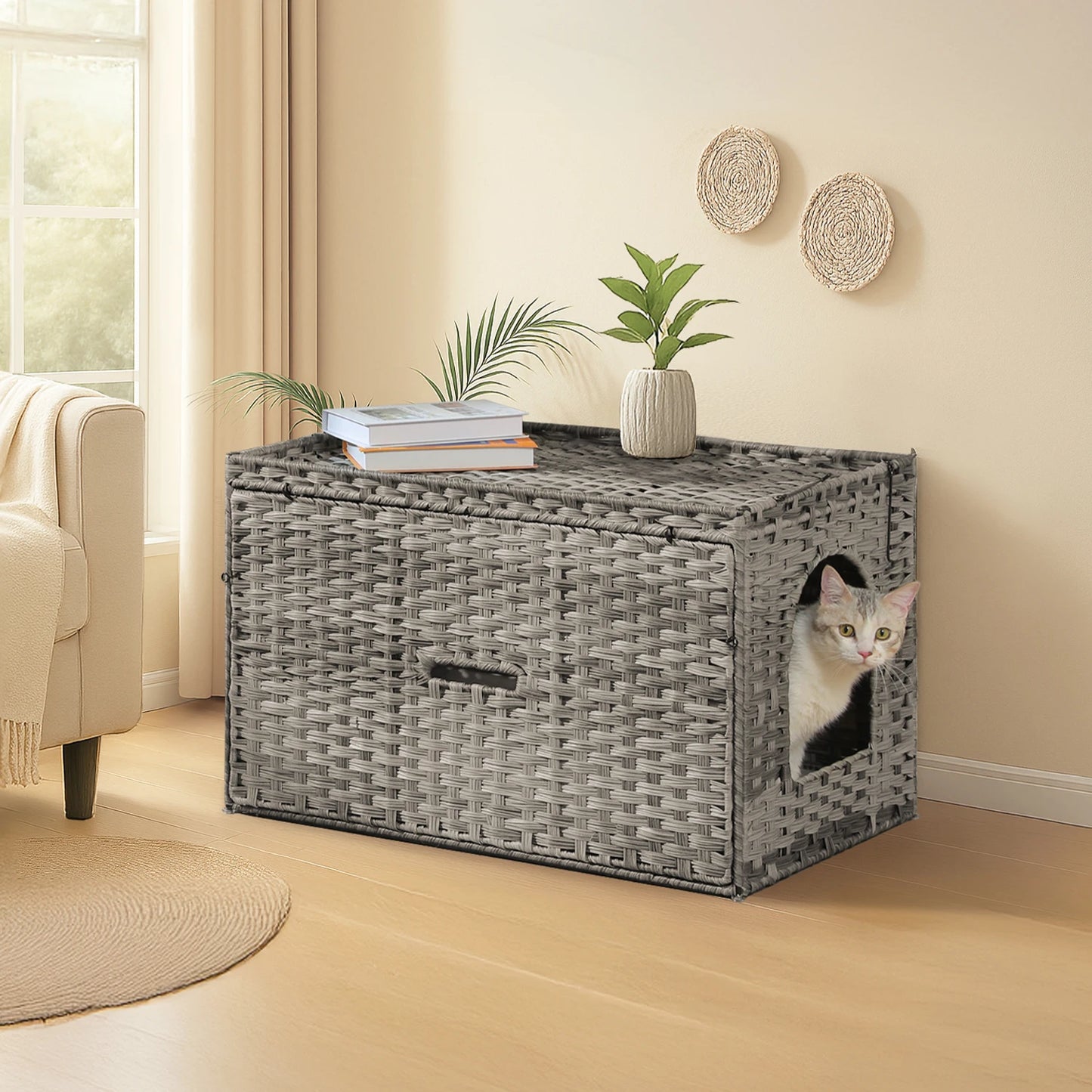 Rattan Cat Litter Box Enclosure with Taller Doorway and Flip-Up Design-More Space Raised Edge Mat-Cat House Cabinet Furniture