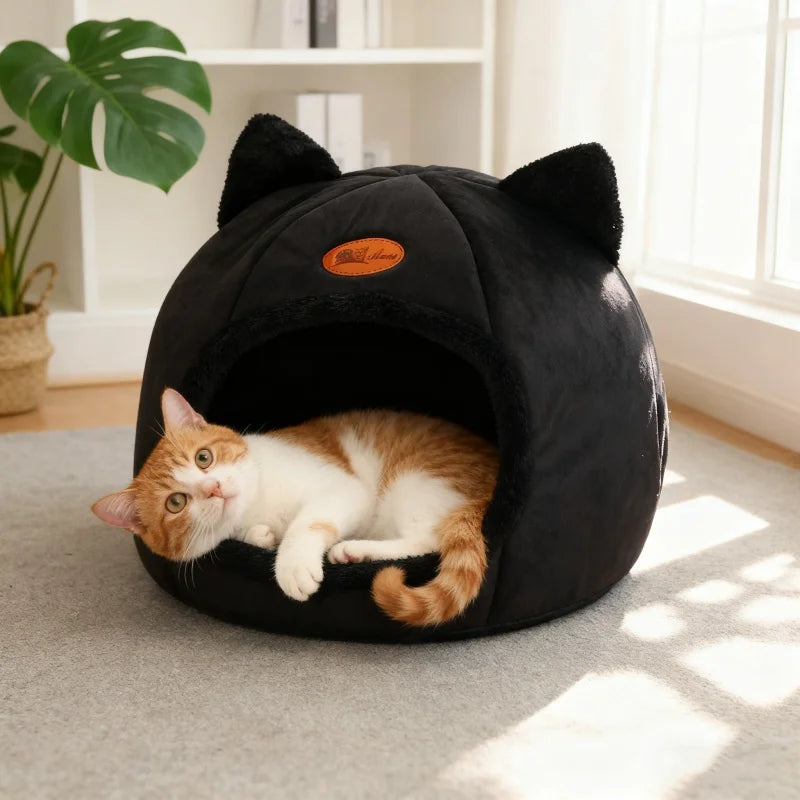 Black New Deep Sleep Comfortable Winter Cat bed Small mat Basket Puppy House products Pet tent Comfortable Cave