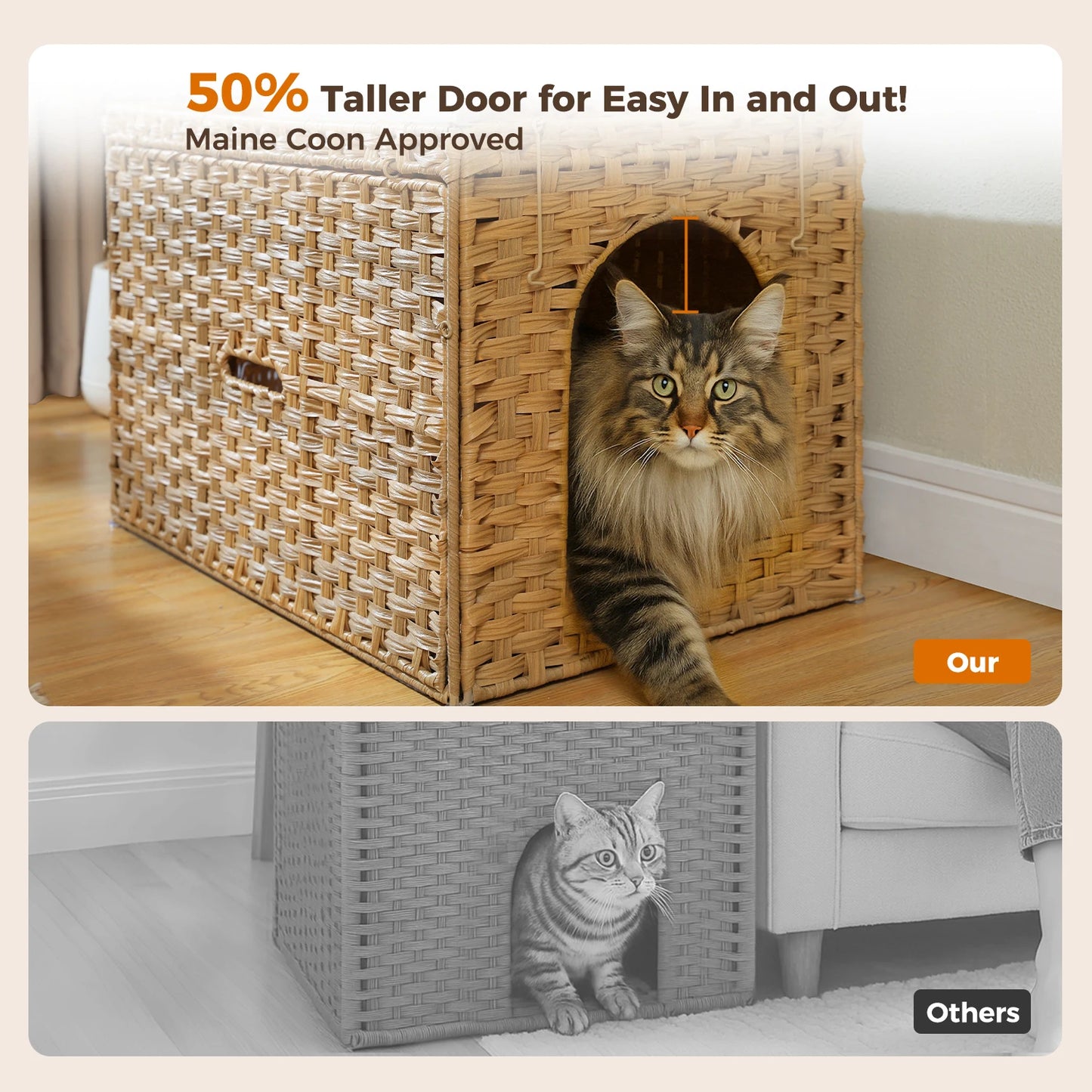 Rattan Cat Litter Box Enclosure with Taller Doorway and Flip-Up Design-More Space Raised Edge Mat-Cat House Cabinet Furniture