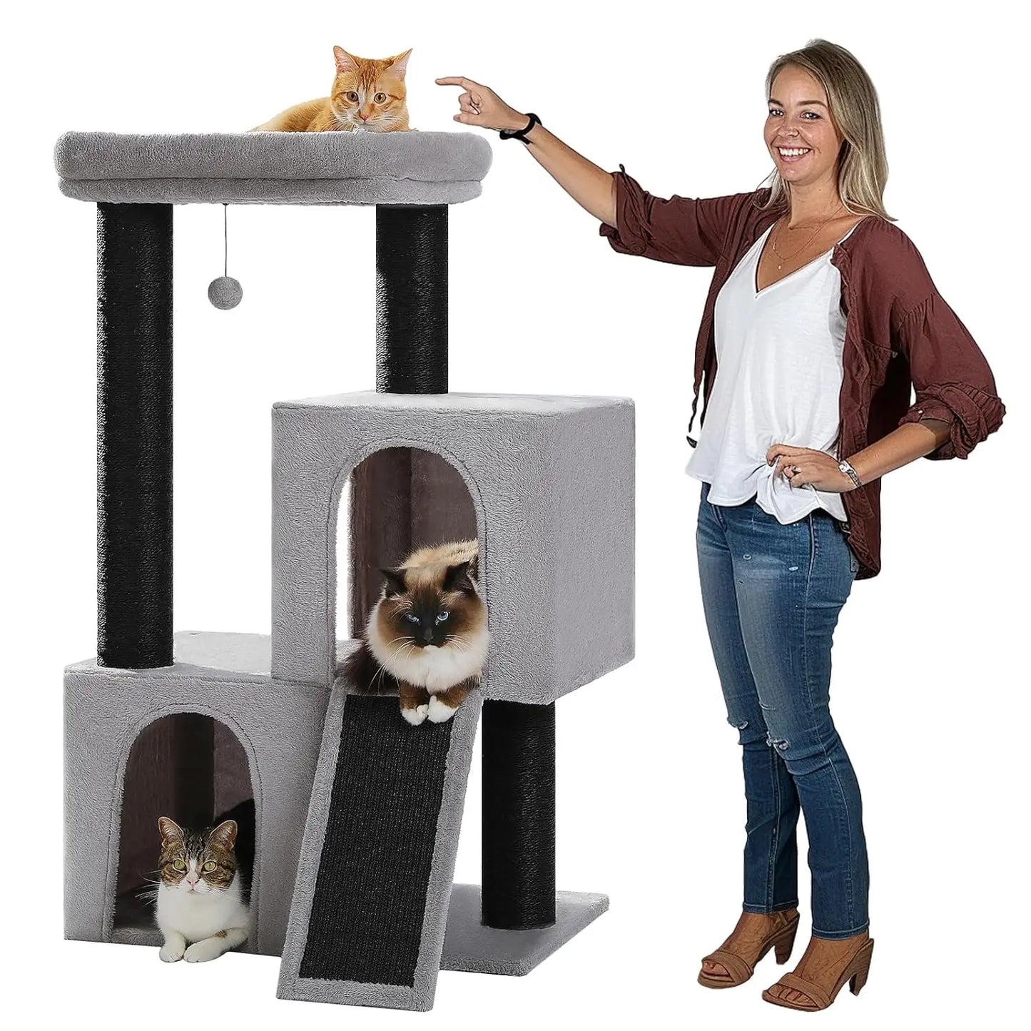Cat Tree for Indoor Cats Adult, 45-Inch Heavy Duty Cat Tower with Sisal Scratching Ramp, 2 Cat Condo for Extra, Customized