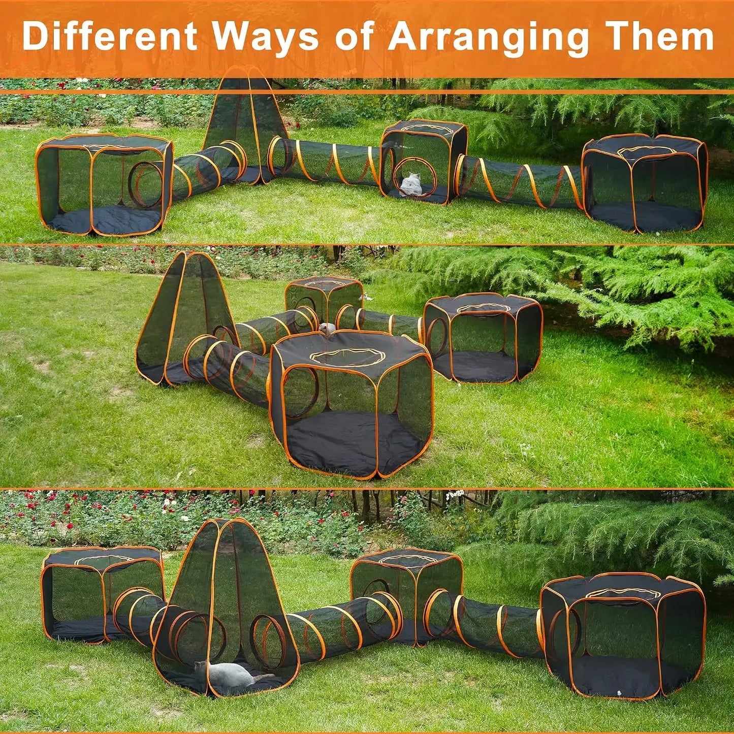 7-in-1 Outdoor Cat Enclosure, Foldable Pop-Up Mesh Playpen with Tunnels for Small Pets