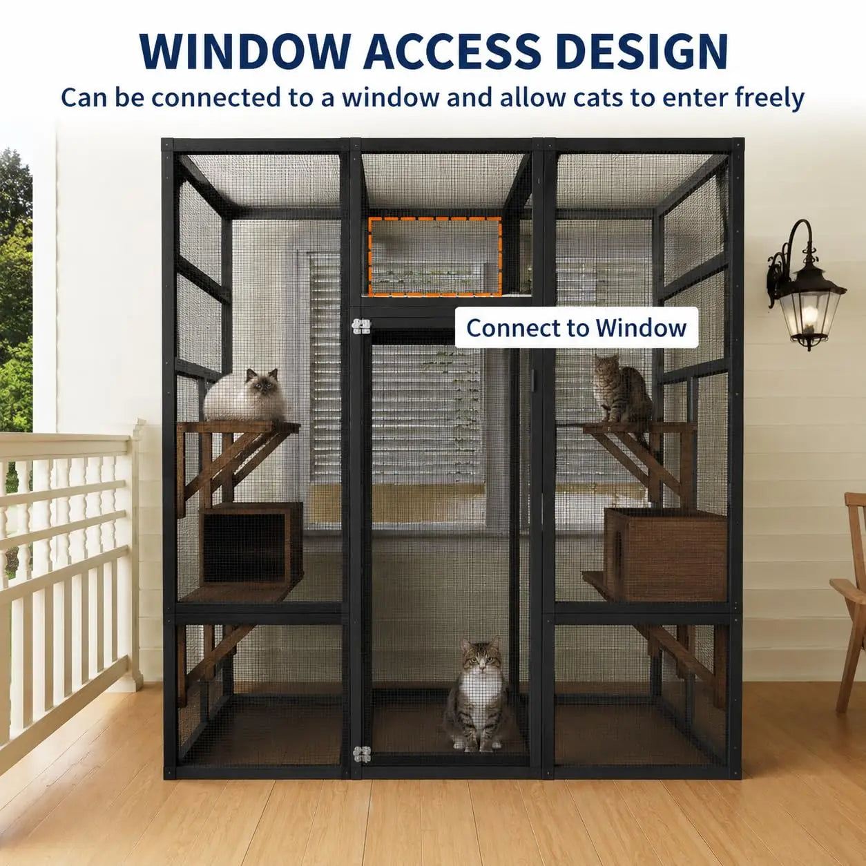 70in Outdoor Catio Cat Enclosure, Large Wooden Cat House With Waterproof UV Roof, 5 Platforms 2 Rest Boxes For Patio Backyard Cats