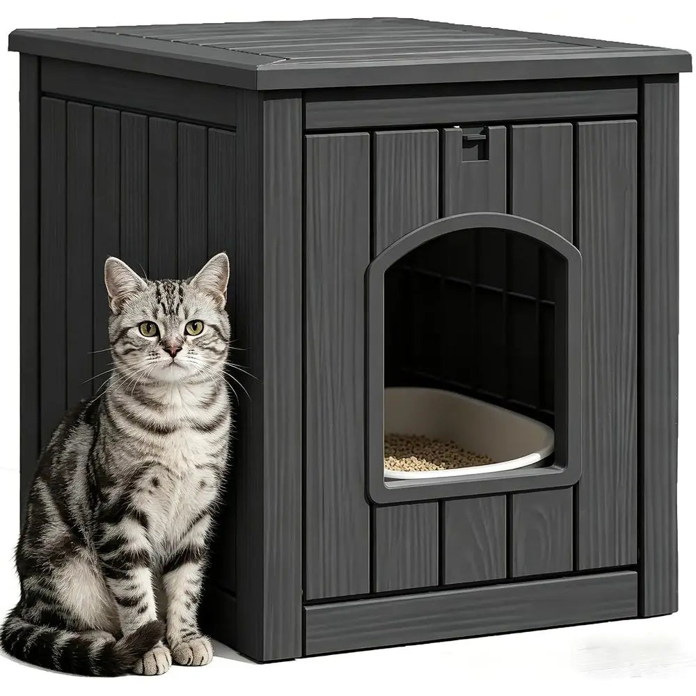 Enclosed Cat Litter Box Furniture With Weatherproof Outdoor Shelter