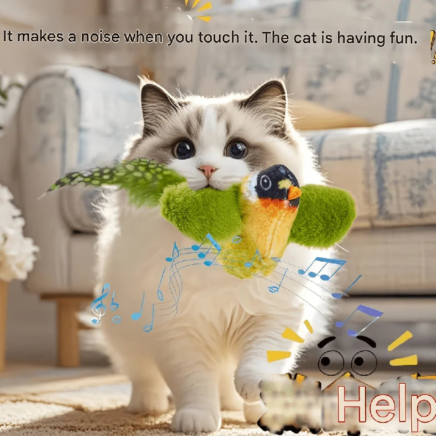 Realistic Bird, Interactive Cat Toy - Realistic Chirping Sound, Artificial Nylon Feathers, Soft Nylon Feather Stick, Handmade Design, Solo Play And Hunting Fun, Suitable For All Cats, Physical Sound, No Battery Required.