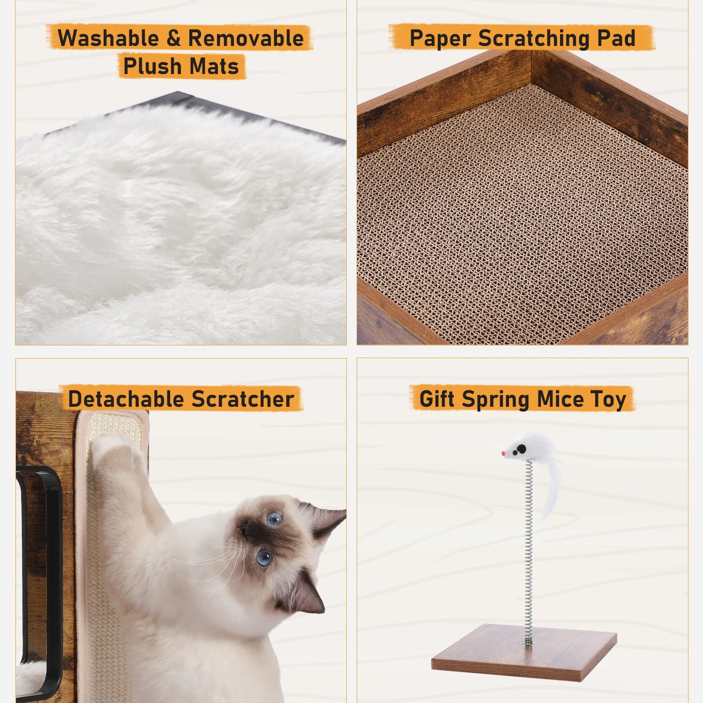 Wood Cat Condo House Bed with Removable Soft Mats Modern Cat Tree Tower with Scratching Pad Cat Scratcher Furniture Kitten Toys
