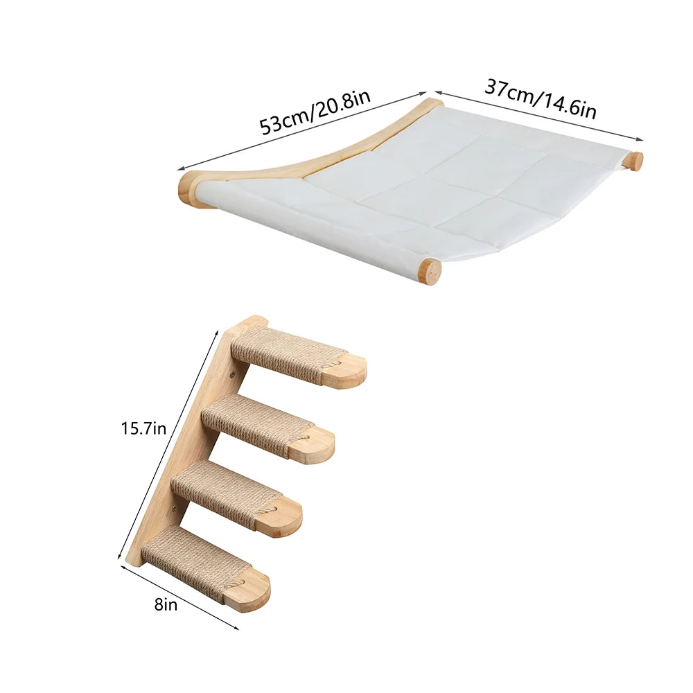Wall Mounted Cat Hammock Set Multi Functional Climbing Shelves Perches Sisal Scratching Wooden Steps Ladder Large Cat Furniture Kit for Indoor Cats Sleeping Playing