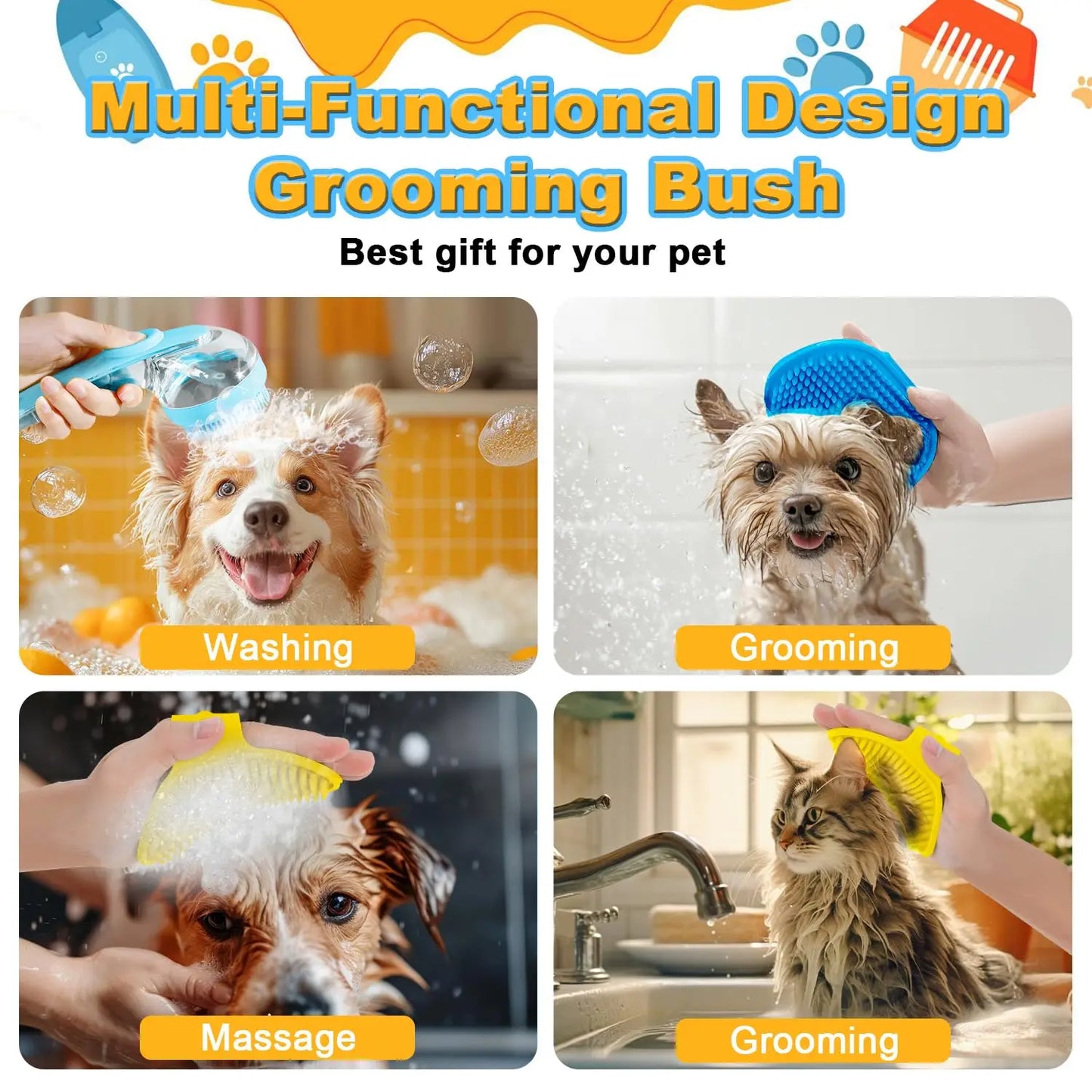 Pet Bath Brush Silicone Grooming Device for Dogs and Cats