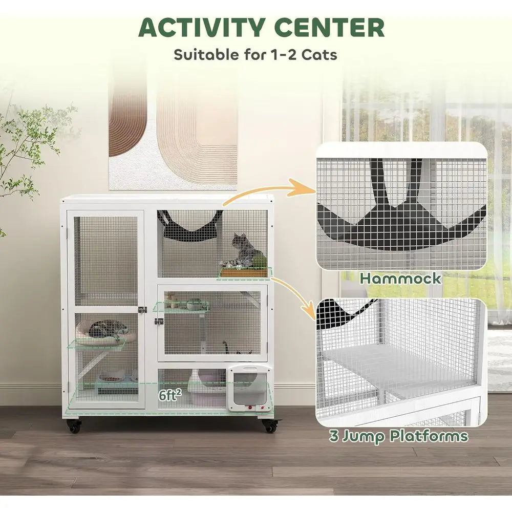 Indoor Wooden Catio, Cat House Cat Enclosure on Wheels with 3 Platorms, Hammock, Cat lap Door & Openable Top, Luxury Kitty House