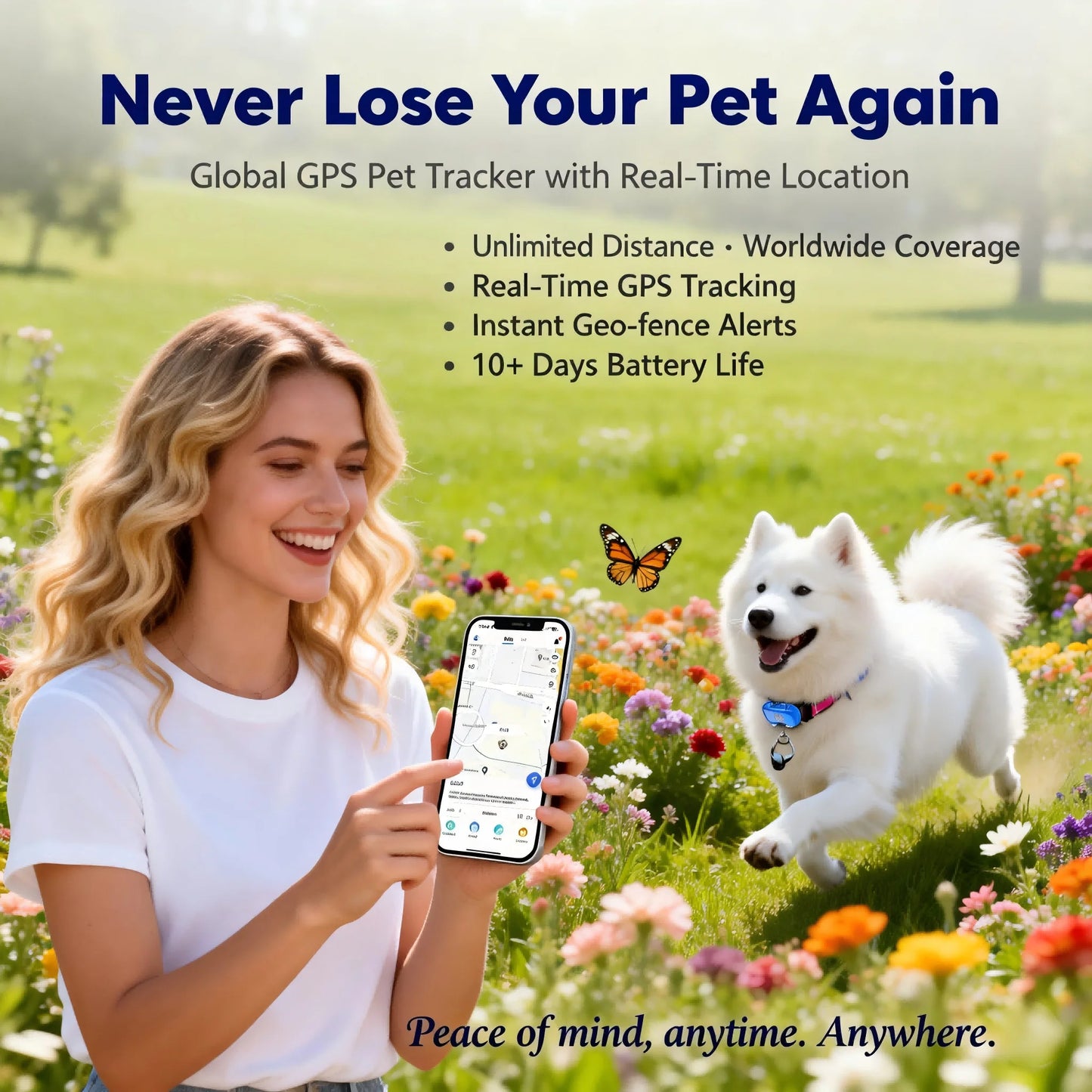 GPS Pet Tracker for Dogs Cats Real Time Tracking Unlimited Distance QR Code Anti-Lost Locator with 1-year Service