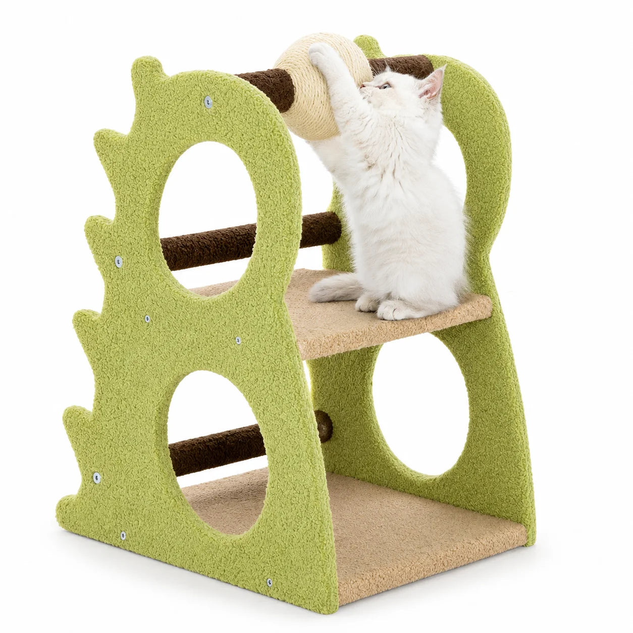 Two Level Indoor Cat Tree with Cozy Resting Platforms and Rotating Sisal Scratching Ball