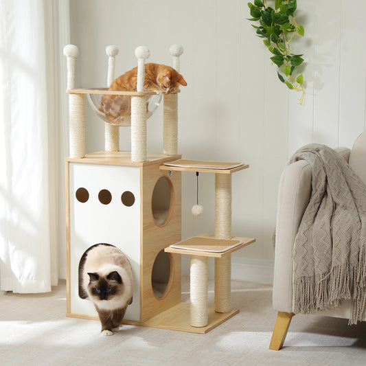 PETEPELA Wooden Cat Tree Tower With Condo And Scratching Posts
