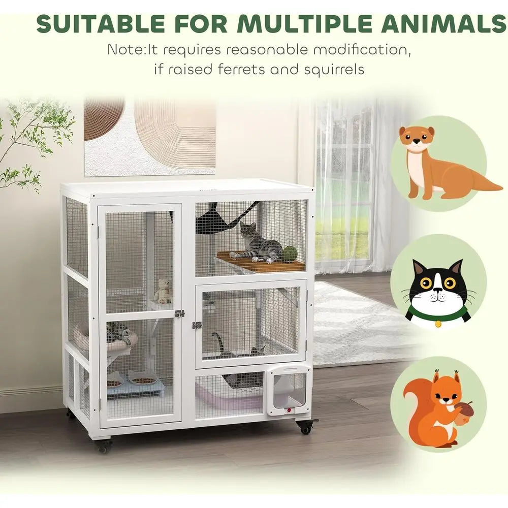 Indoor Wooden Catio, Cat House Cat Enclosure on Wheels with 3 Platorms, Hammock, Cat lap Door & Openable Top, Luxury Kitty House