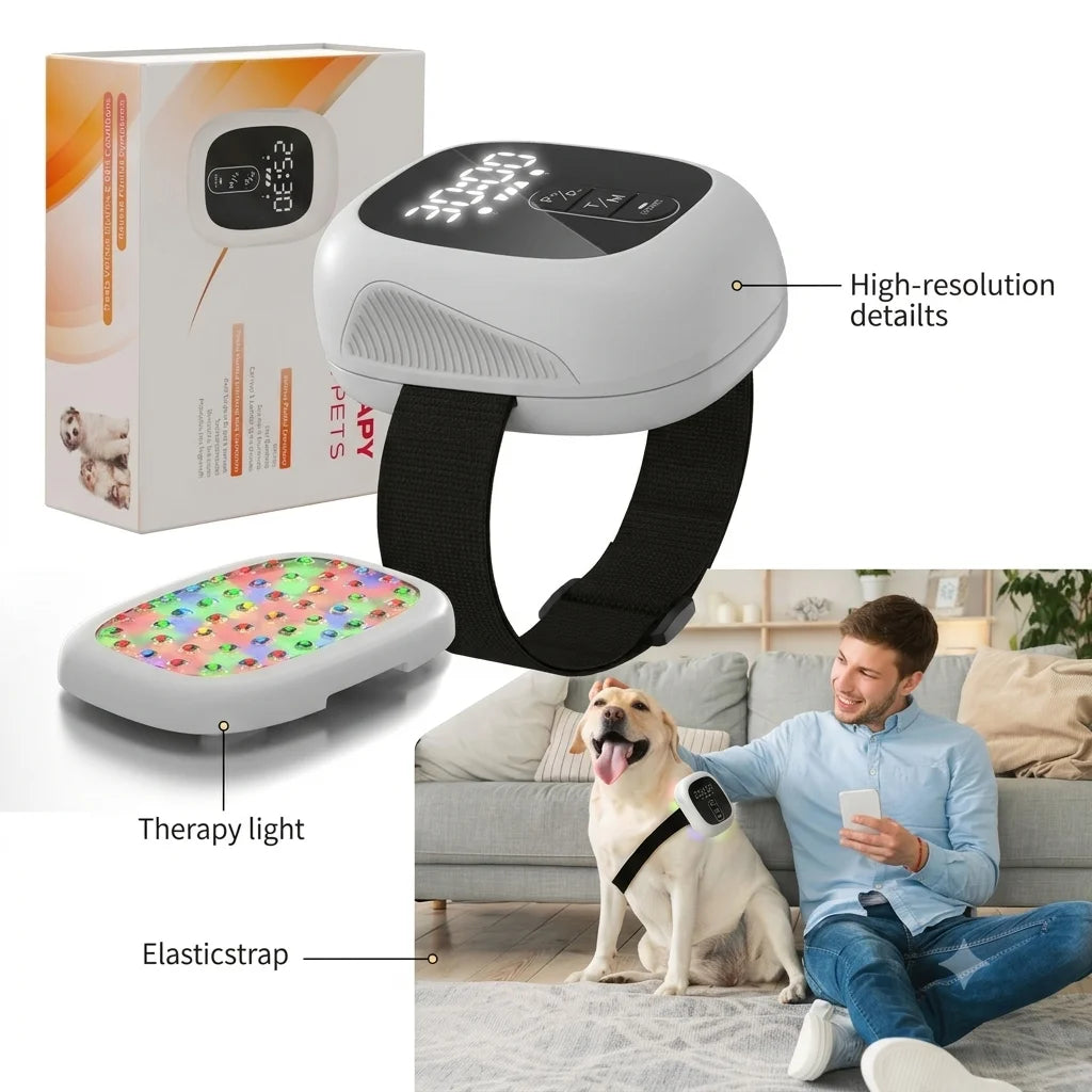 Pet Red Light Therapy Device for Dogs Cats Hand-Free Infrared 940nm 650nm 520nm LED Dog Arthritis Joint Pain Relief Wearable Vet Device Cold Laser Skin Infections Treatment 5 Wavelengths Light Therapy Module Collar for Puppy