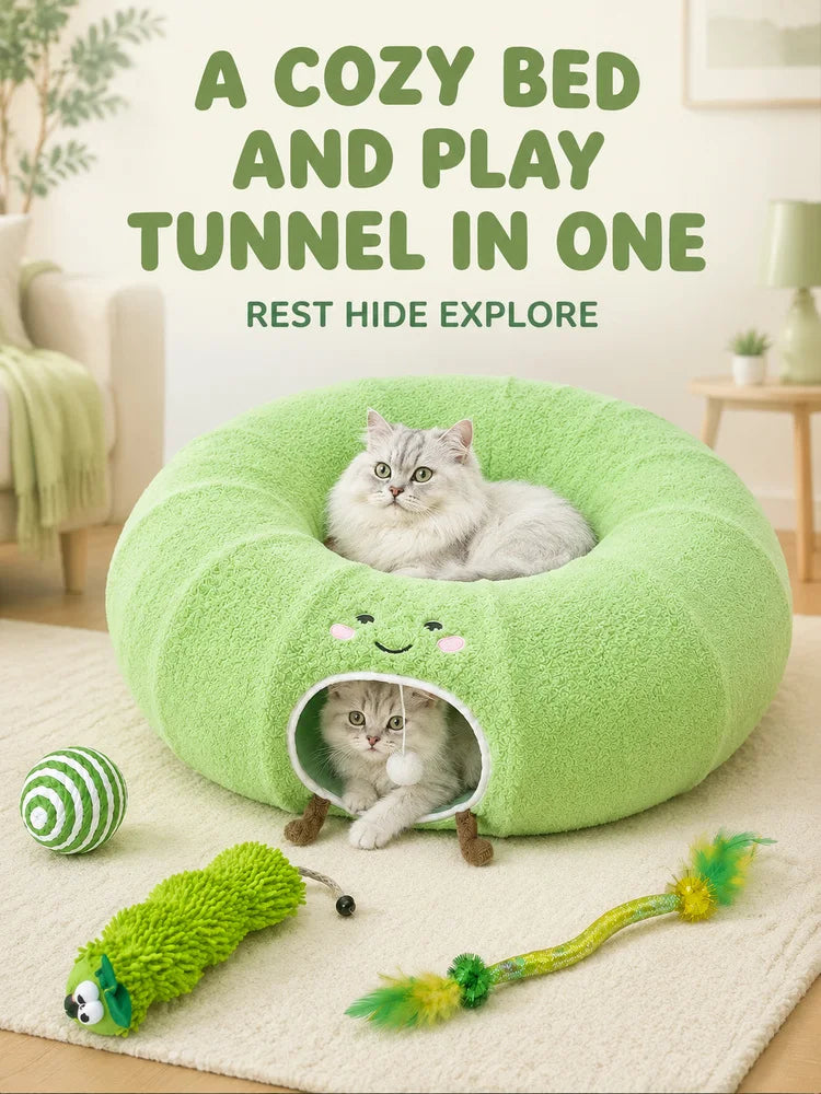 Convertible Cat Tunnel Bed With Plush Donut And Removable Cushion