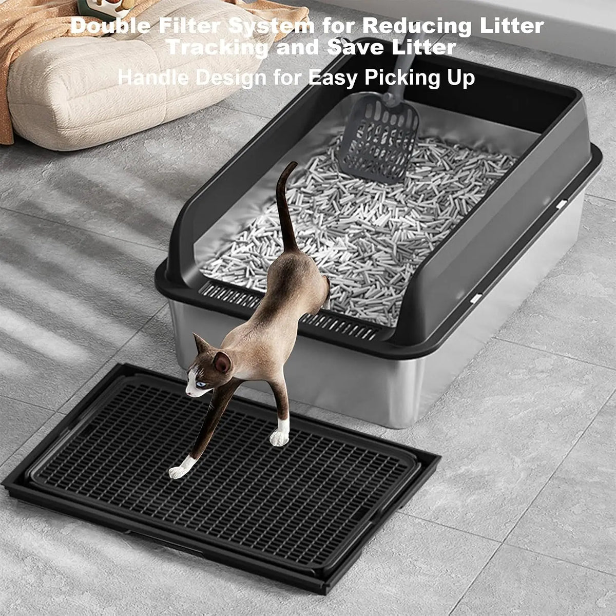 Garvee Stainless Steel Cat Litter Box Leak-proof Semi-enclosed Splash-proof Covered Cat Toilet with Removable Lid for Large Cats for Home High Sided, Top Entry, Anti-Tracking, Step Plate, by Annie N Poe Cattastic Supplies