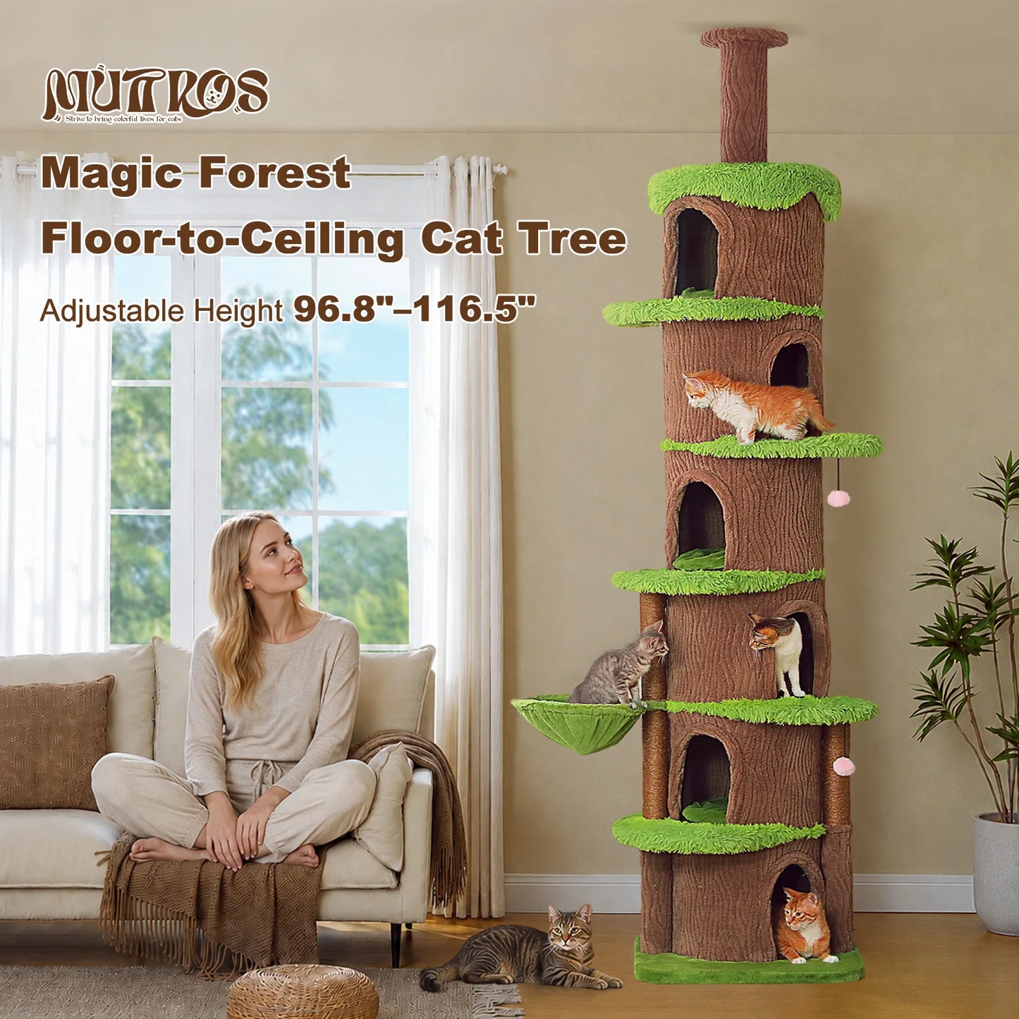 Floor to Ceiling Cat Tree with 6 Spacious Condos Sisal Scratching Posts Cozy Hammock Adjustable Height Large Cat Tower for Indoor Cats Multi-Level Cat House Bed Cat Toys