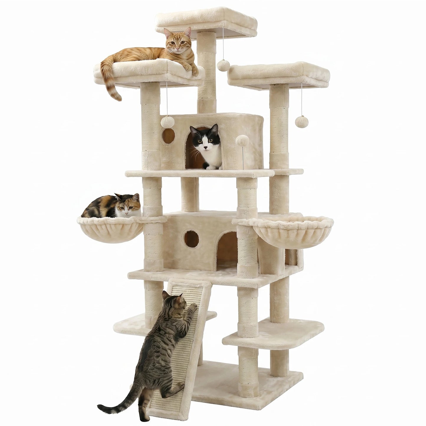 FOOWIN 173cm 68in Large Multi Level Cat Tree Tower Indoor Activity Center 2 Condos 3 Plush Perches Scratching Post Kitten Pet